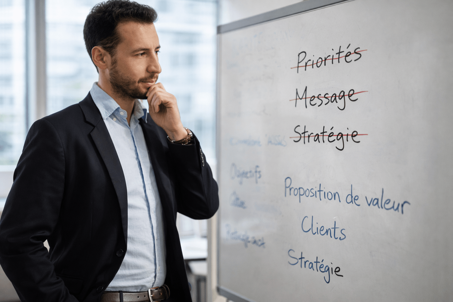 Dirigeant en réflexion sur la stratégie commerciale et l’IA appliquée au commerce